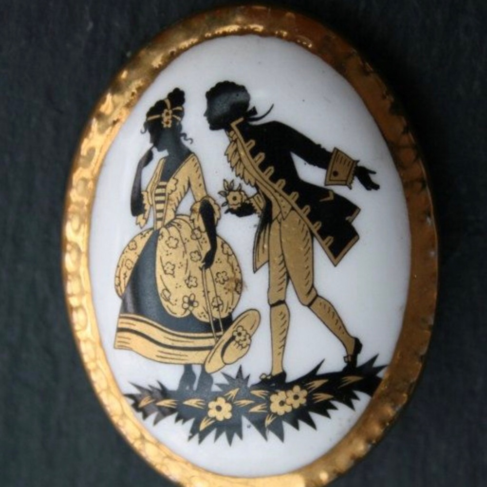 Vintage 1970's Bone China, Made In England, Cameo Brooch with Gold Leaf Trim.